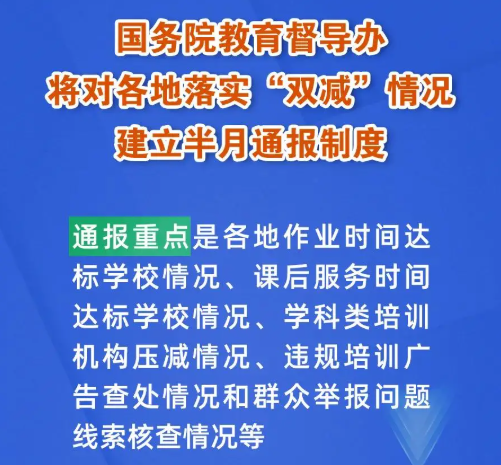 國(guó)務(wù)院教育督導(dǎo)辦將對(duì)各地落實(shí)&ldquo;雙減&rdquo;情況建立半月通報(bào)制度，建&ldquo;雙減&rdquo;曝光臺(tái)！